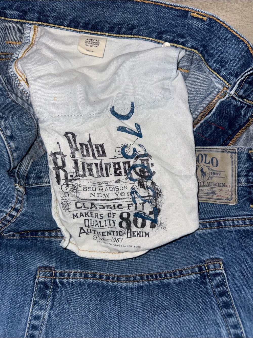Polo Ralph Lauren Mens Classic Fit 867 Blue Denim Jeans 46B x 32 Medium Wash - Picture 3 of 9